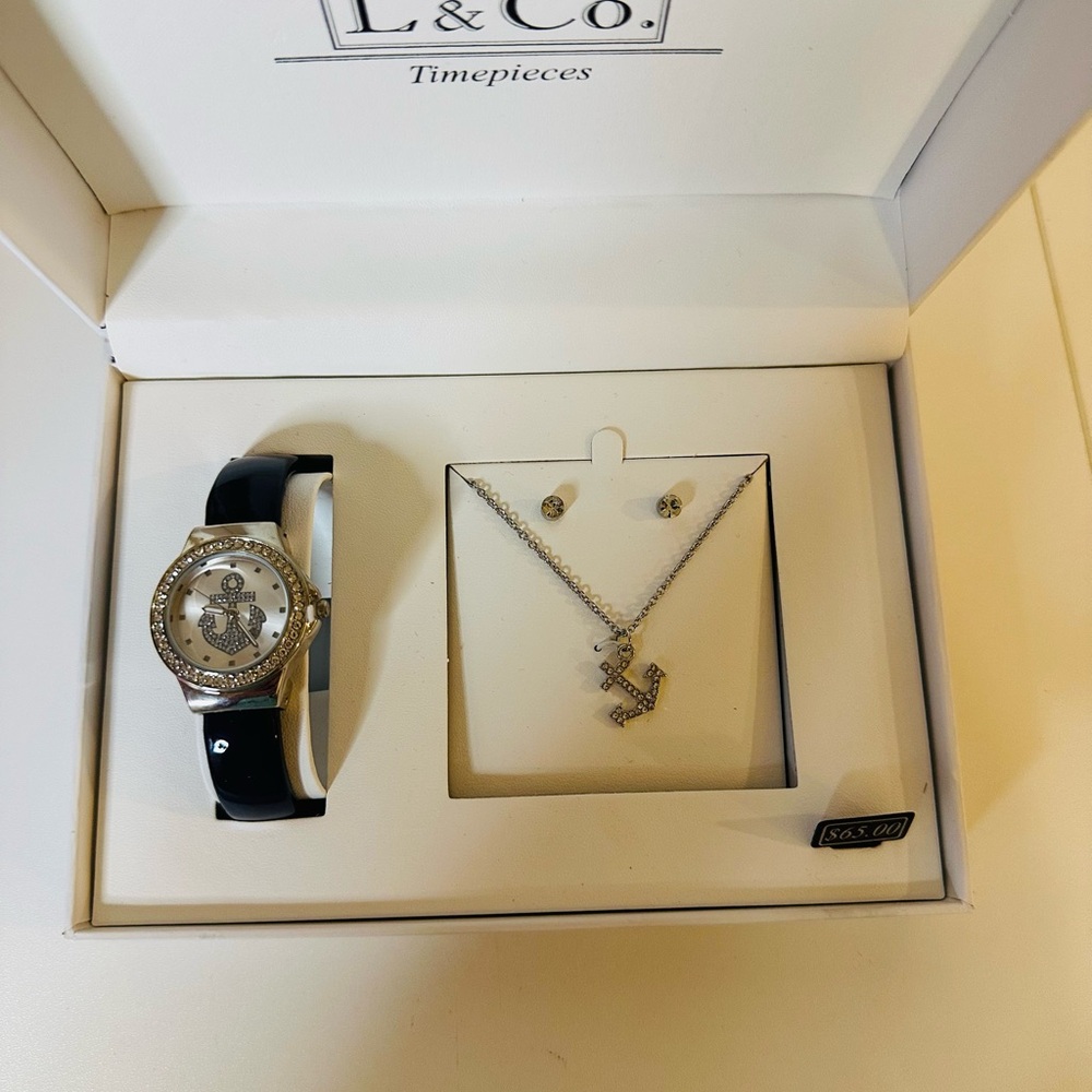 L & Co. Anchor Watch and Jewelry Set – Elegant Silver Timepiece Gift Box